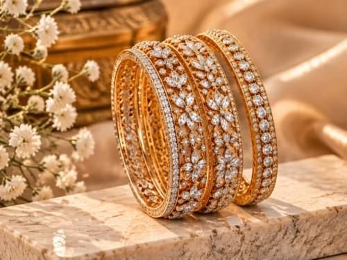 Stack of diamond gold bangles