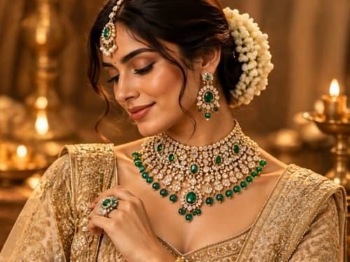 Model wearing an emerald and diamond necklace set